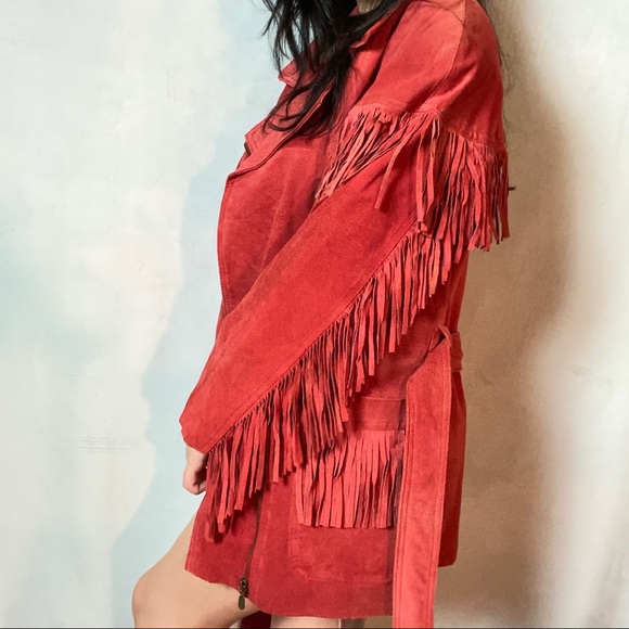 VINTAGE 100% LEATHER RED FRINGE SHORT TRENCH COAT - Picture 2 of 9